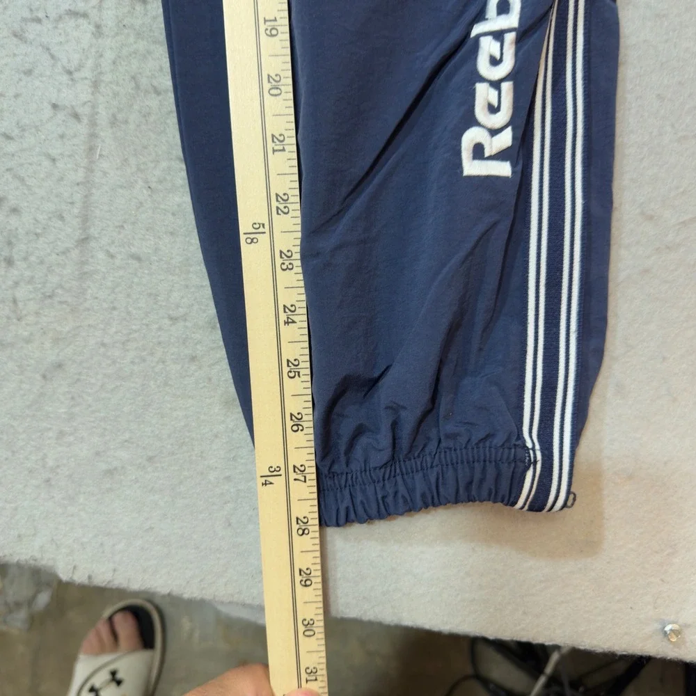Reebok Track Pants Mens Medium Navy Blue Excellent Vintage Striped Nylon Joggers